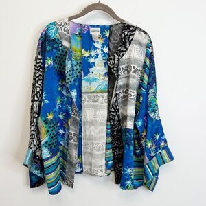 Chico's Silk Blend Blue Multi Cardigan Kimono Topper Chico's Size 2 Large
